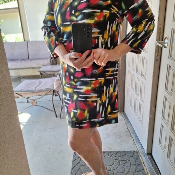 Tildon Dress Multi Color Deep Slit Back SzL Junior Long Sleeves Round Cute Dres - Picture 6 of 16